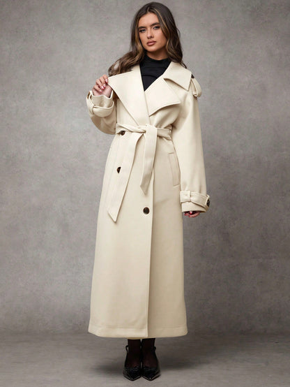 Women’s Long Wool Blend Coat – Elegant Double-Breasted Trench with Belted Waist