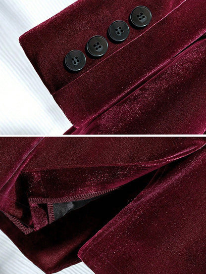 Women’s Velvet Blazer – Elegant Wine Red One Button Tailored Jacket