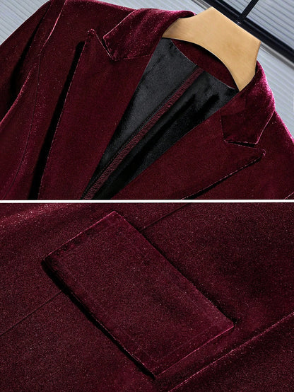 Women’s Velvet Blazer – Elegant Wine Red One Button Tailored Jacket