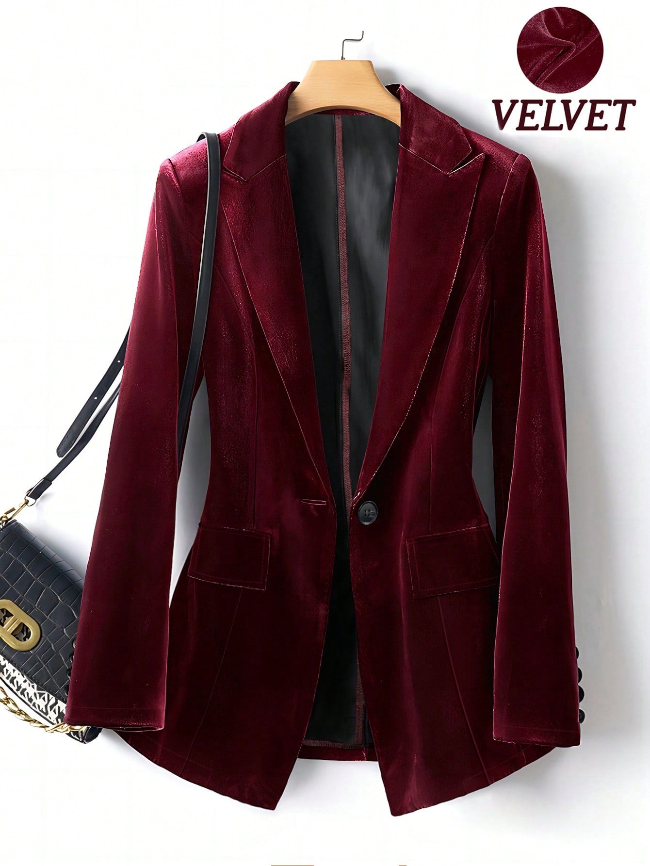Women’s Velvet Blazer – Elegant Wine Red One Button Tailored Jacket