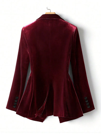 Women’s Velvet Blazer – Elegant Wine Red One Button Tailored Jacket