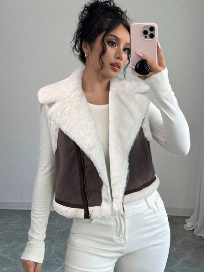Women’s Faux Suede Shearling Jacket – Short Winter Coat with Fur Collar