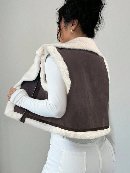 Women’s Faux Suede Shearling Jacket – Short Winter Coat with Fur Collar