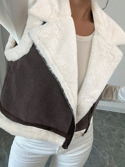 Women’s Faux Suede Shearling Jacket – Short Winter Coat with Fur Collar