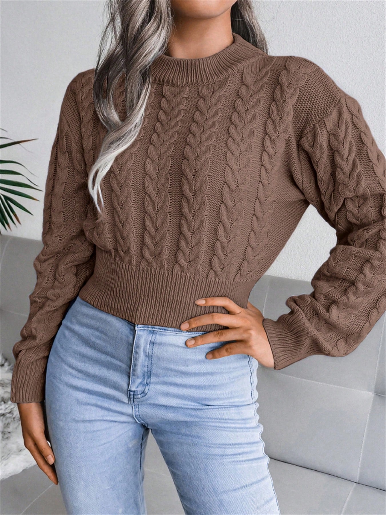 Women’s Cable-Knit Cropped Sweater – Round Neck Long Sleeve Ribbed Pullover
