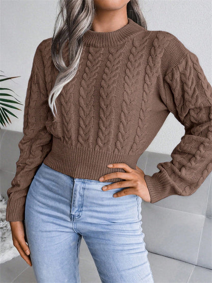 Women’s Cable-Knit Cropped Sweater – Round Neck Long Sleeve Ribbed Pullover