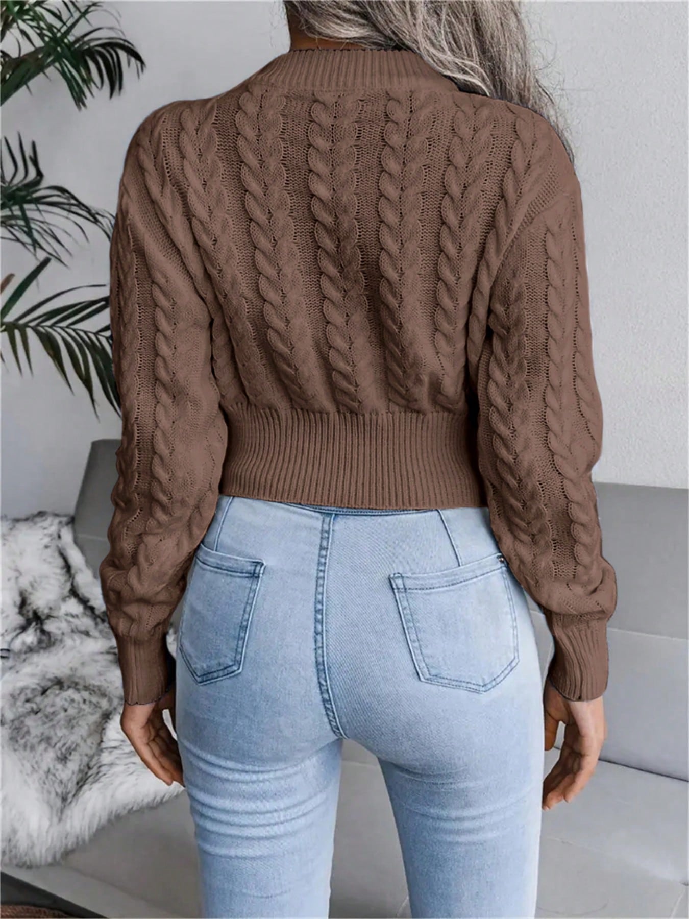 Women’s Cable-Knit Cropped Sweater – Round Neck Long Sleeve Ribbed Pullover