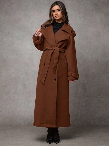 Women’s Long Wool Blend Coat – Elegant Double-Breasted Trench with Belted Waist