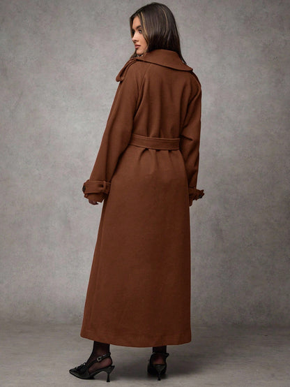 Women’s Long Wool Blend Coat – Elegant Double-Breasted Trench with Belted Waist