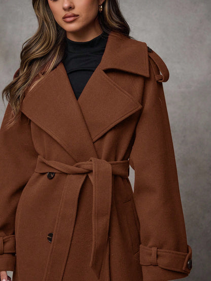 Women’s Long Wool Blend Coat – Elegant Double-Breasted Trench with Belted Waist