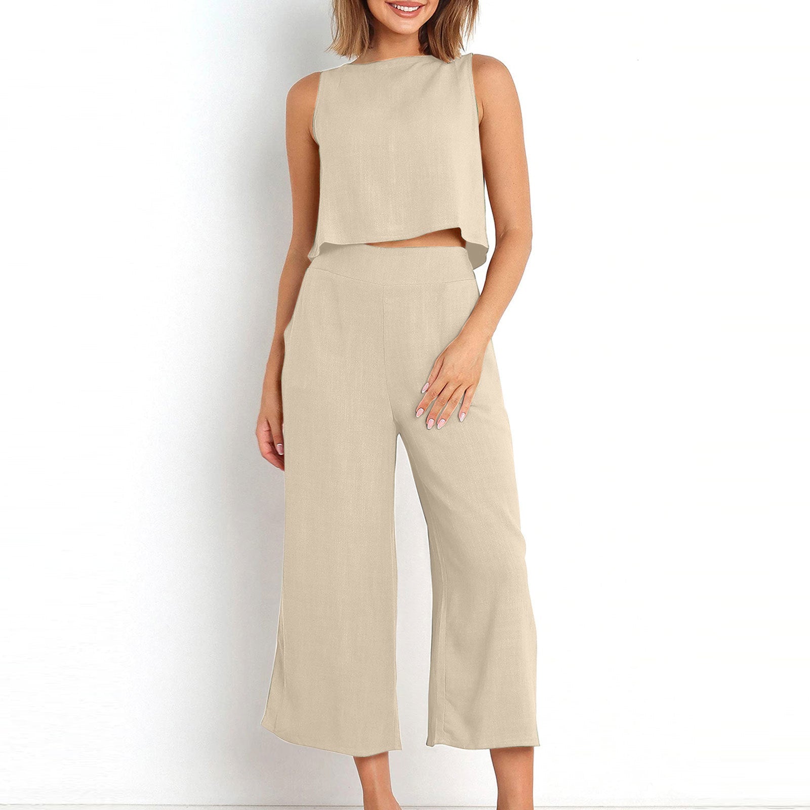 Ensemble Femme – Gilet Sans Manches et Pantalon Large Taille Haute