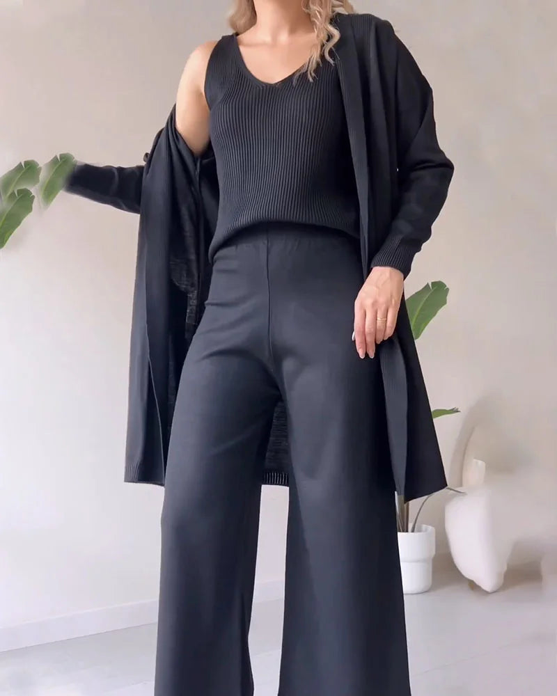 Ensemble Élégant Femme Trois Pièces – Haut Sans Manches, Robe Midi et Veste Tailleur