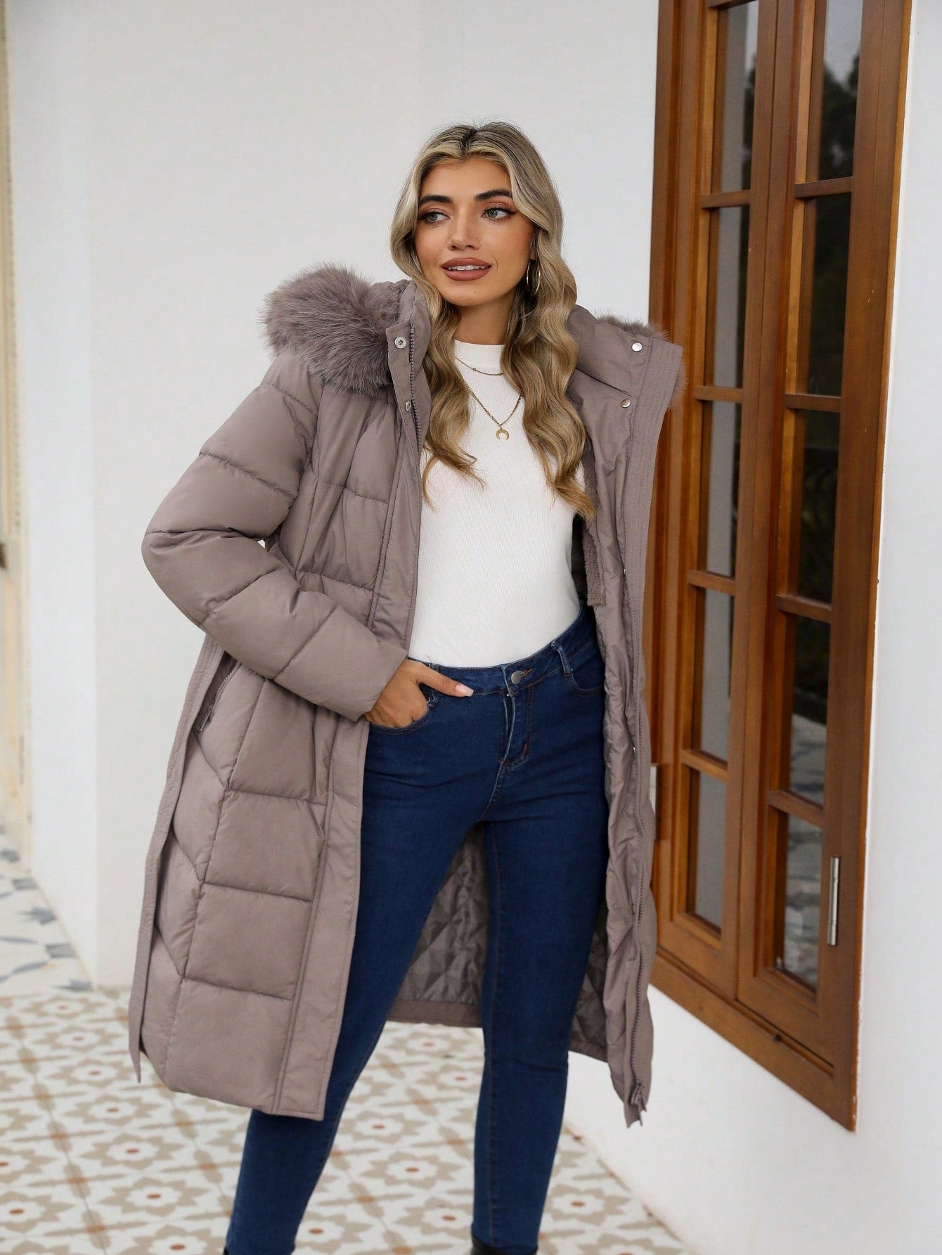 Women’s Luxury Faux Fur Hooded Winter Coat – Thick Warm Quilted Jacket