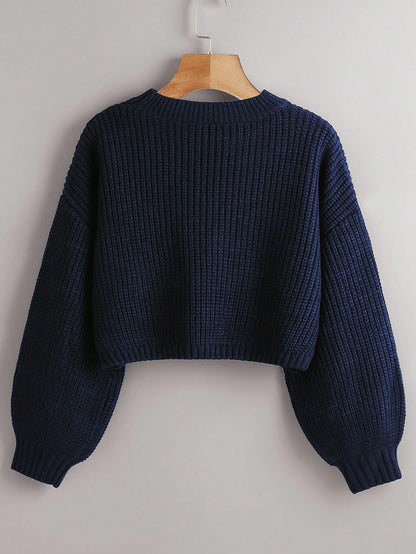 Women's Drop Shoulder Knit Sweater – Cozy Rib-Knit Long Sleeve Pullover