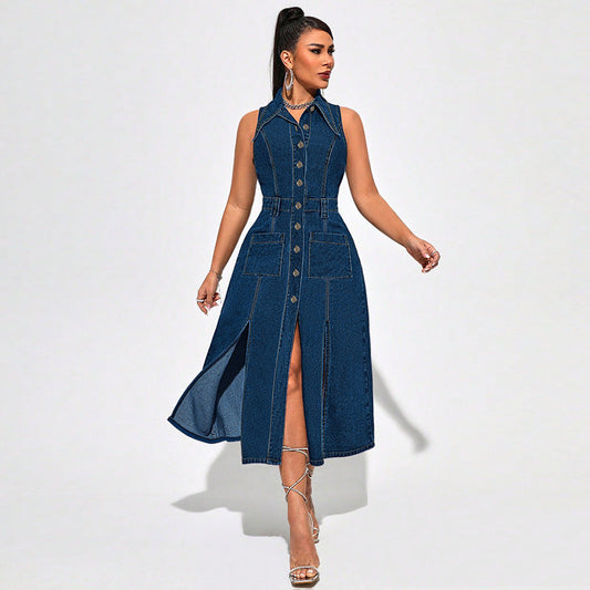 Robe Midi en Jean Sans Manches à Boutons et Décolleté en V pour Femme