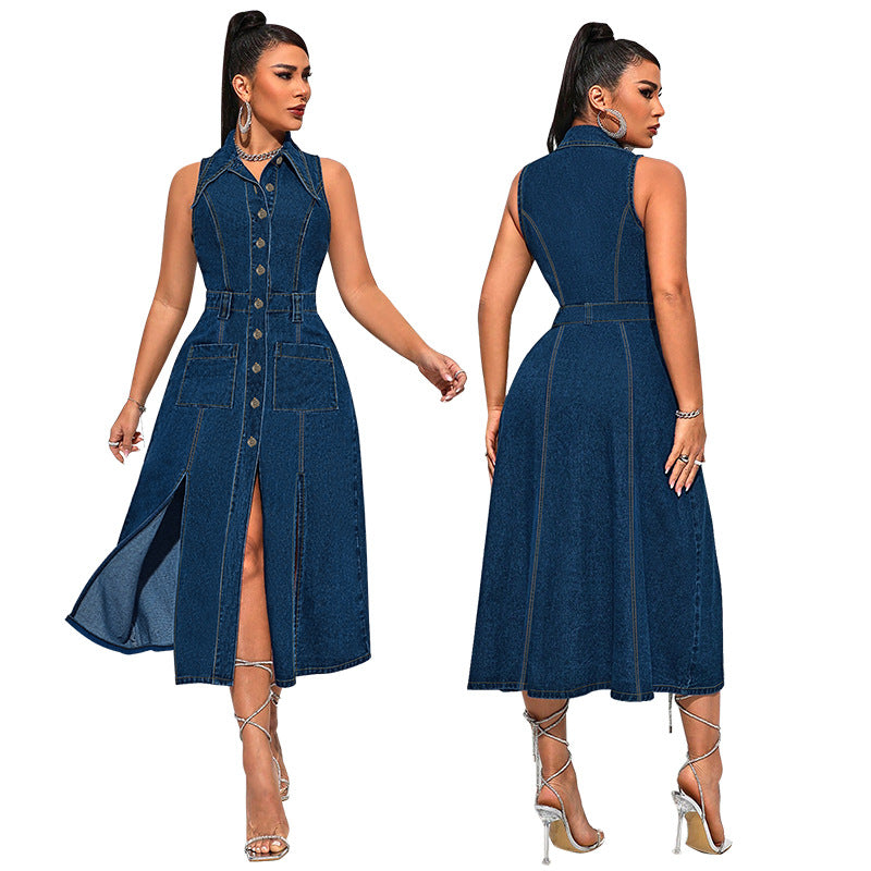 Robe Midi en Jean Sans Manches à Boutons et Décolleté en V pour Femme