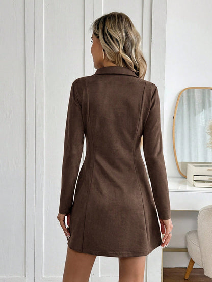 Women’s flared mini dress with V-neck and long sleeves, elegant office and casual wear by Nushes.