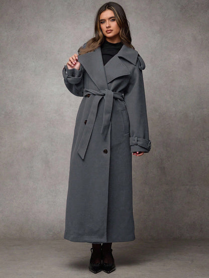 Women’s Long Wool Blend Coat – Elegant Double-Breasted Trench with Belted Waist