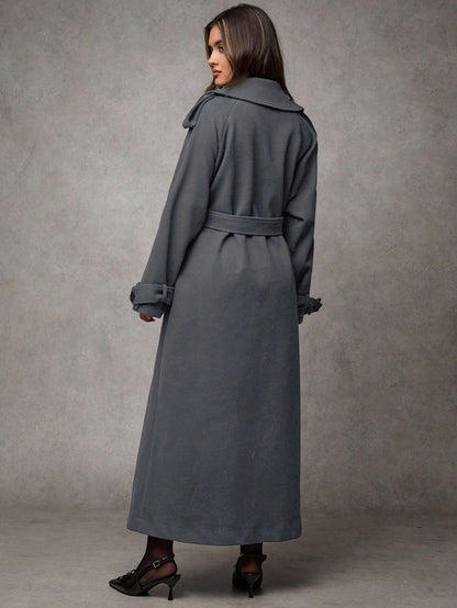 Women’s Long Wool Blend Coat – Elegant Double-Breasted Trench with Belted Waist