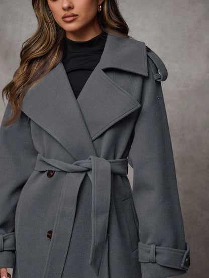 Women’s Long Wool Blend Coat – Elegant Double-Breasted Trench with Belted Waist