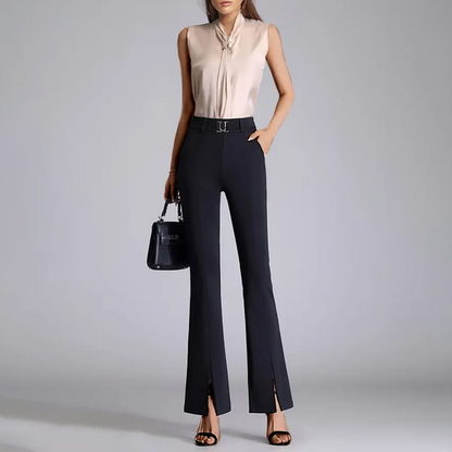 Pantalon évasé taille haute à fente et ceinture élégante