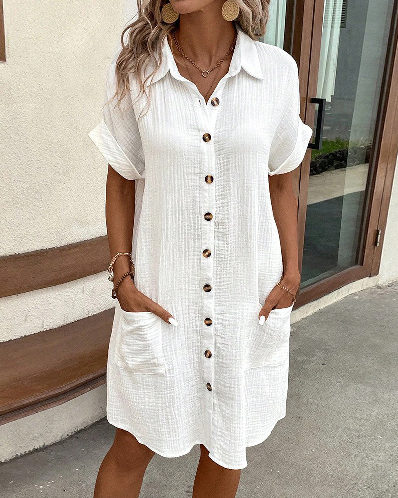 Robe-Chemise Décontractée Pour Femme-Boutonnée, Manches Courtes Repliées, Coupe Légère et rigelig