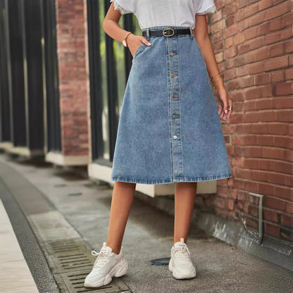 Women's Midi Denim nederdel - High Waist A -Line - Button Front Casual Chic