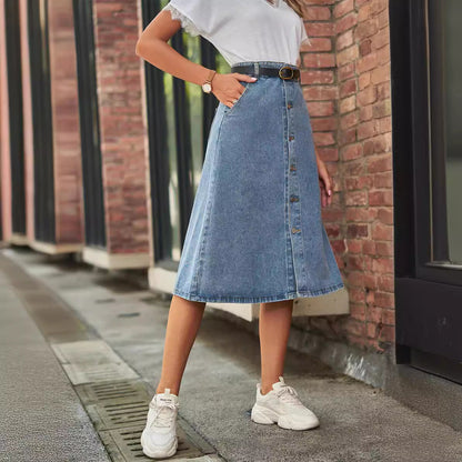 Women's Midi Denim nederdel - High Waist A -Line - Button Front Casual Chic