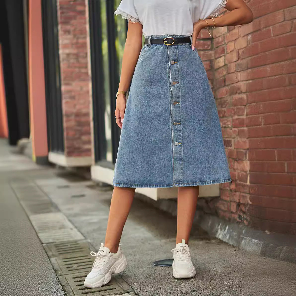 Women's Midi Denim nederdel - High Waist A -Line - Button Front Casual Chic