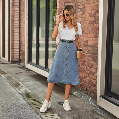 Women's Midi Denim nederdel - High Waist A -Line - Button Front Casual Chic