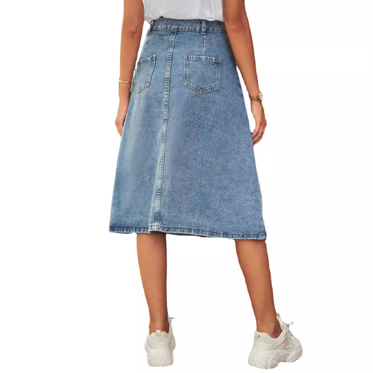 Women's Midi Denim nederdel - High Waist A -Line - Button Front Casual Chic