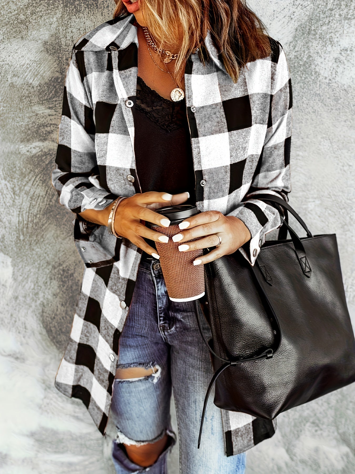 Chemise à Carreaux Tissée pour Femmes – Boutonnée – Manches Longues – Style Décontracté