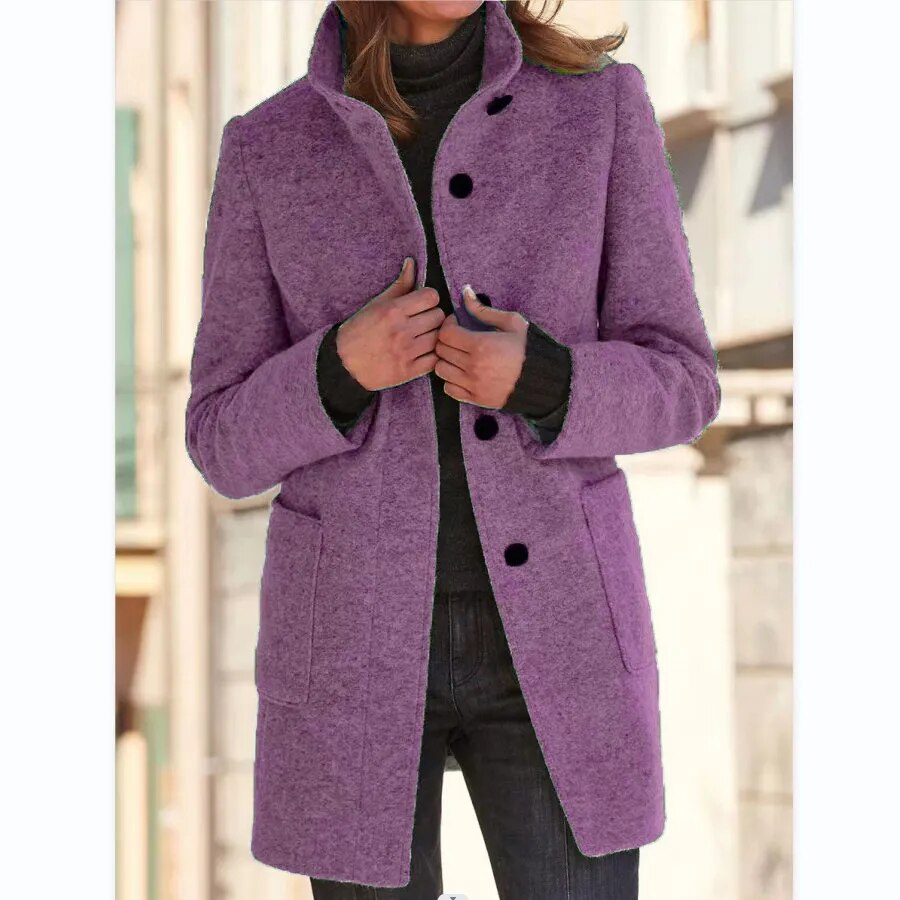Women's Grey Wool Coat with Stand-Up Collar and Pockets