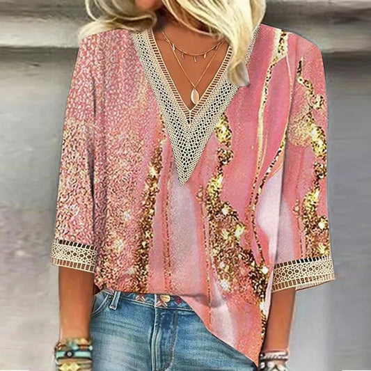 Blouse Femme Imprimée – Encolure en V et Coupe Ample Décontractée