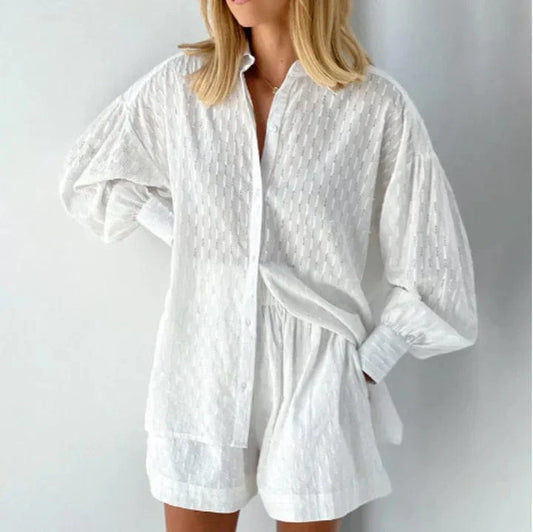 Women's Co-Ord Set - Button-Down Blouse & High-Waisted Shorts - Relaxed Fit in Breathable Fabric