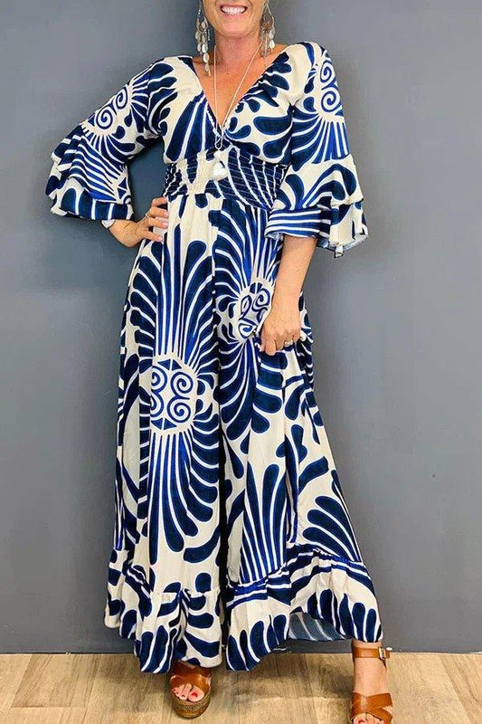 Pour femme - Combinaison fleurie vintage à volants coupe élégante