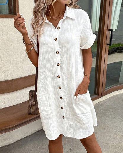 Robe-Chemise Décontractée Pour Femme-Boutonnée, Manches Courtes Repliées, Coupe Légère et rigelig