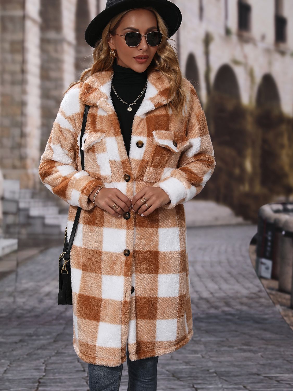 Femme Veste Longue à Carreaux avec Fermeture Boutonnée Élégante