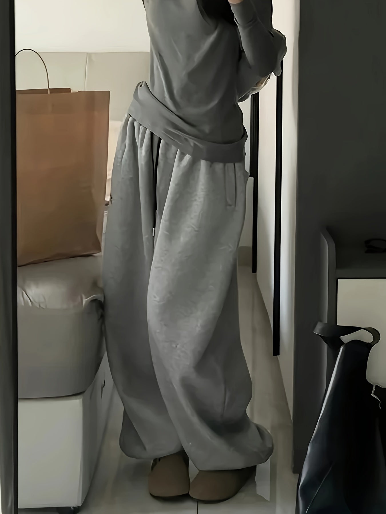 Pantalon unisexe large en molleton doux à taille élastique avec cordon