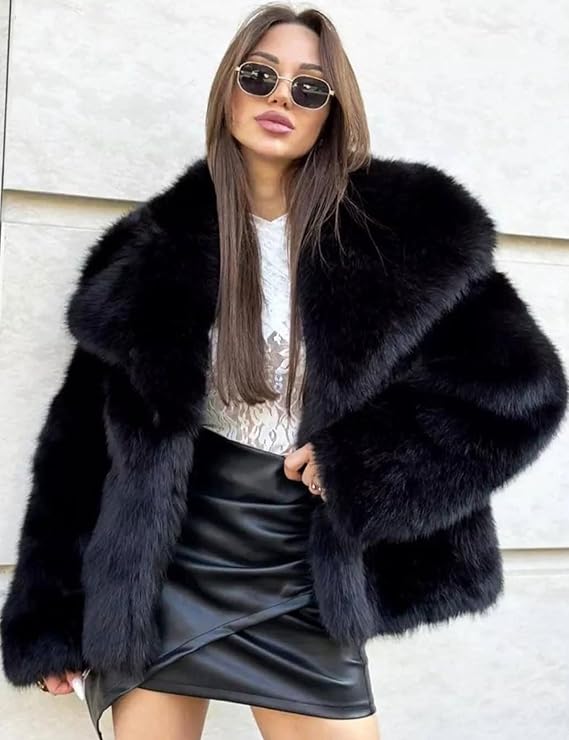 Women’s Faux Fur Short Coat - Elegant Warm Winter Jacket with Lapel Collar