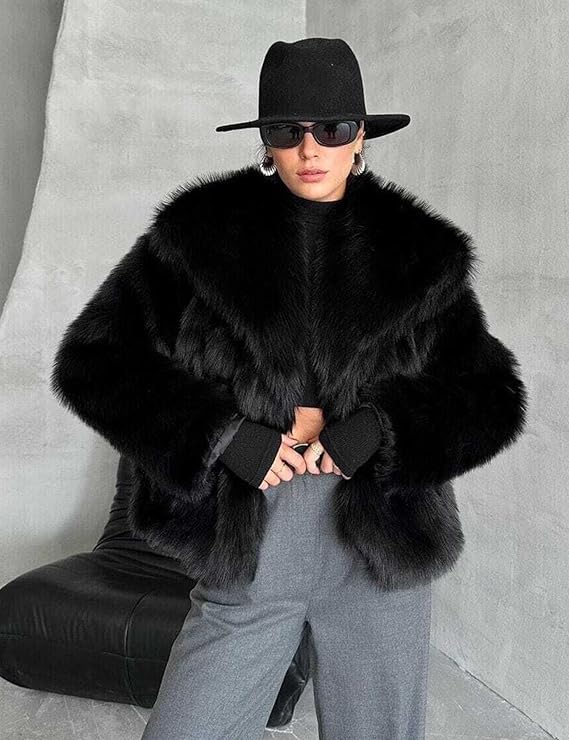 Women’s Faux Fur Short Coat - Elegant Warm Winter Jacket with Lapel Collar