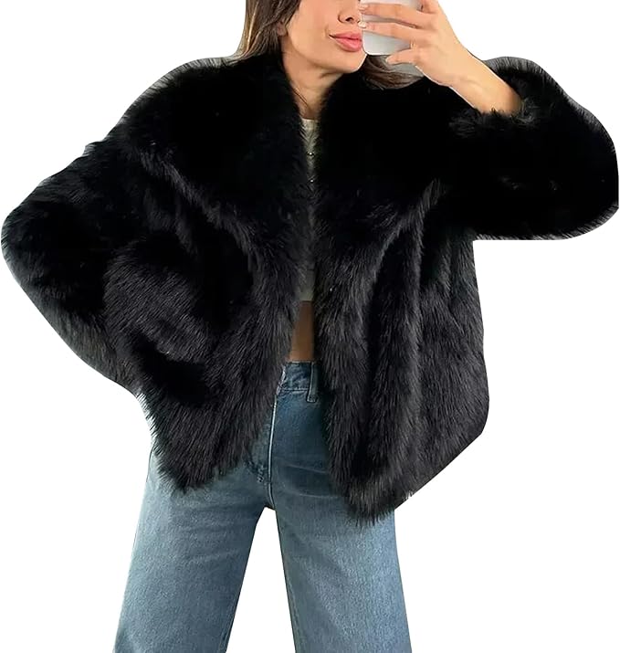 Women’s Faux Fur Short Coat - Elegant Warm Winter Jacket with Lapel Collar