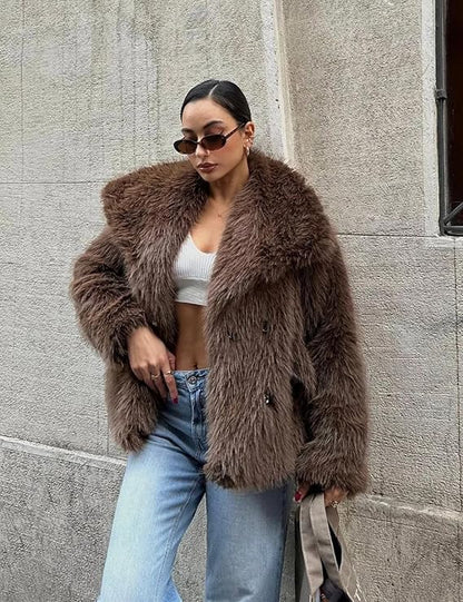 Women’s Faux Fur Short Coat - Elegant Warm Winter Jacket with Lapel Collar