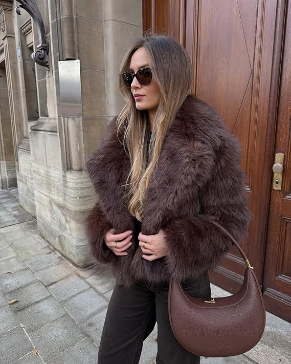 Women’s Faux Fur Short Coat - Elegant Warm Winter Jacket with Lapel Collar