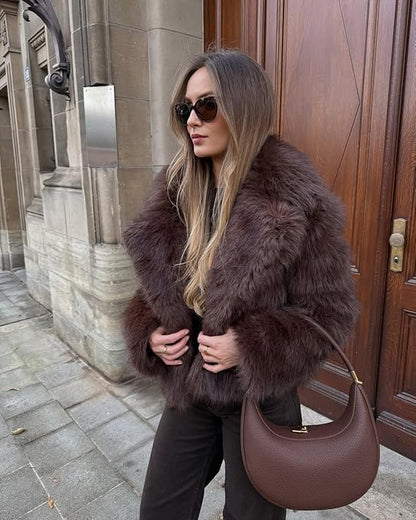 Women’s Faux Fur Short Coat - Elegant Warm Winter Jacket with Lapel Collar