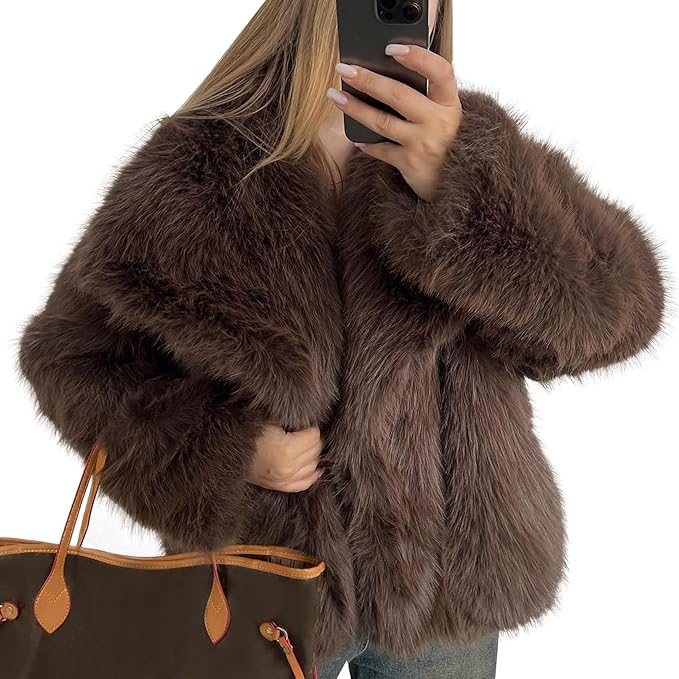 Women’s Faux Fur Short Coat - Elegant Warm Winter Jacket with Lapel Collar