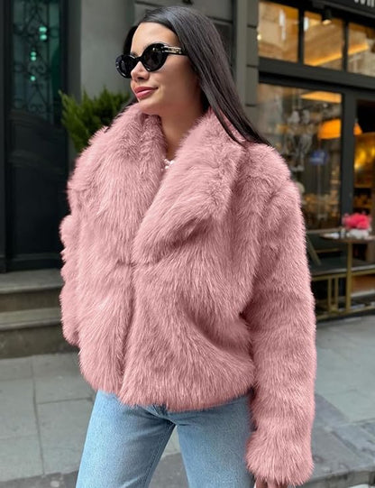 Women’s Faux Fur Short Coat - Elegant Warm Winter Jacket with Lapel Collar