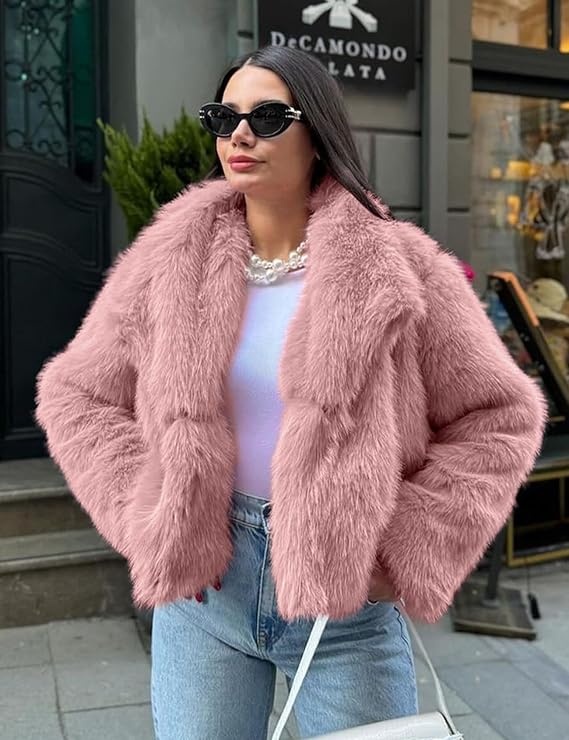 Women’s Faux Fur Short Coat - Elegant Warm Winter Jacket with Lapel Collar