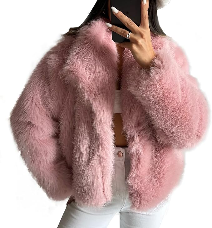 Women’s Faux Fur Short Coat - Elegant Warm Winter Jacket with Lapel Collar