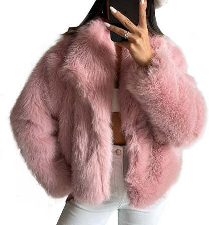 Women’s Faux Fur Short Coat - Elegant Warm Winter Jacket with Lapel Collar